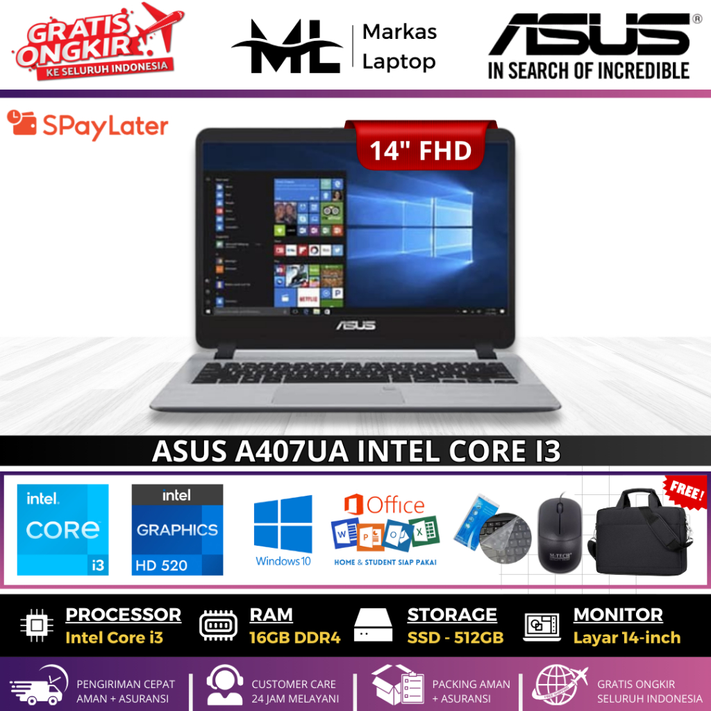 LAPTOP ASUS A407UA INTEL CORE I3-7020U RAM 12GB SSD 512GB 14"INCH WINDOWS 10