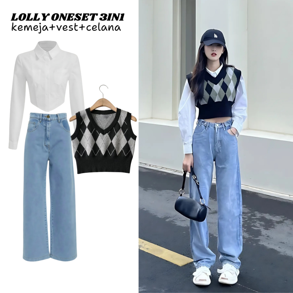 oneset 3in1 kemeja putih crop vest diamond crop abu celana jeans kulot highwaist snow acid | perempu