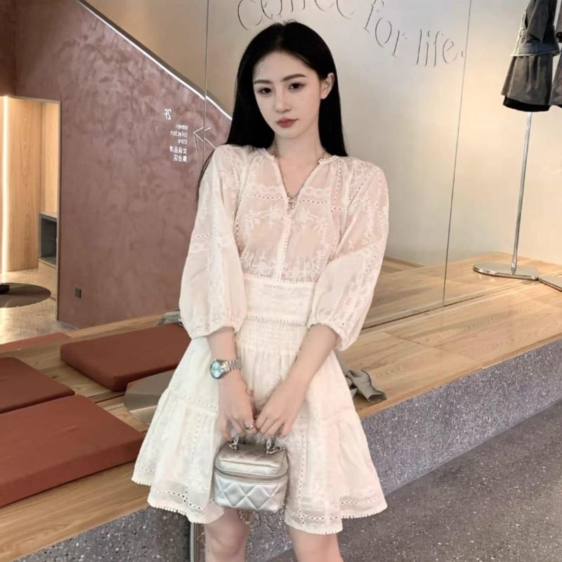 6944 Baju Minidresss SWAN EMBROIDERED SMOCKED WAIST MINI DRESS Lengan Panjang Lace bordir Brokat Kor