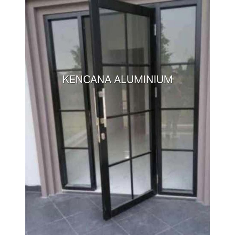 Pintu kaca kusen aluminium / pintu gandeng jendela kanan-kiri kaca mati ornamen L230 x T220