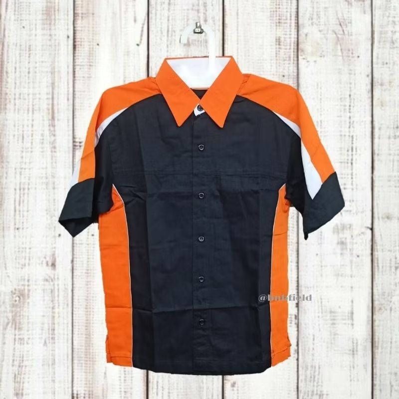 KEMEJA BAJU SERAGAM HITAM KOMBINASI ORANYE PUTIH BAHAN AMERICAN DRILL