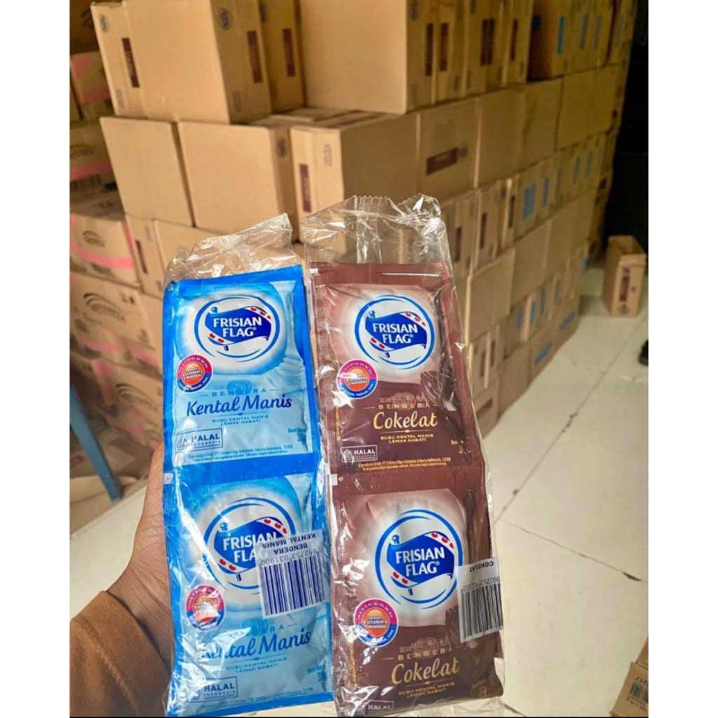 

Frisan Flag Cokelat dan Putih Kental Manis, Kemasan Karton