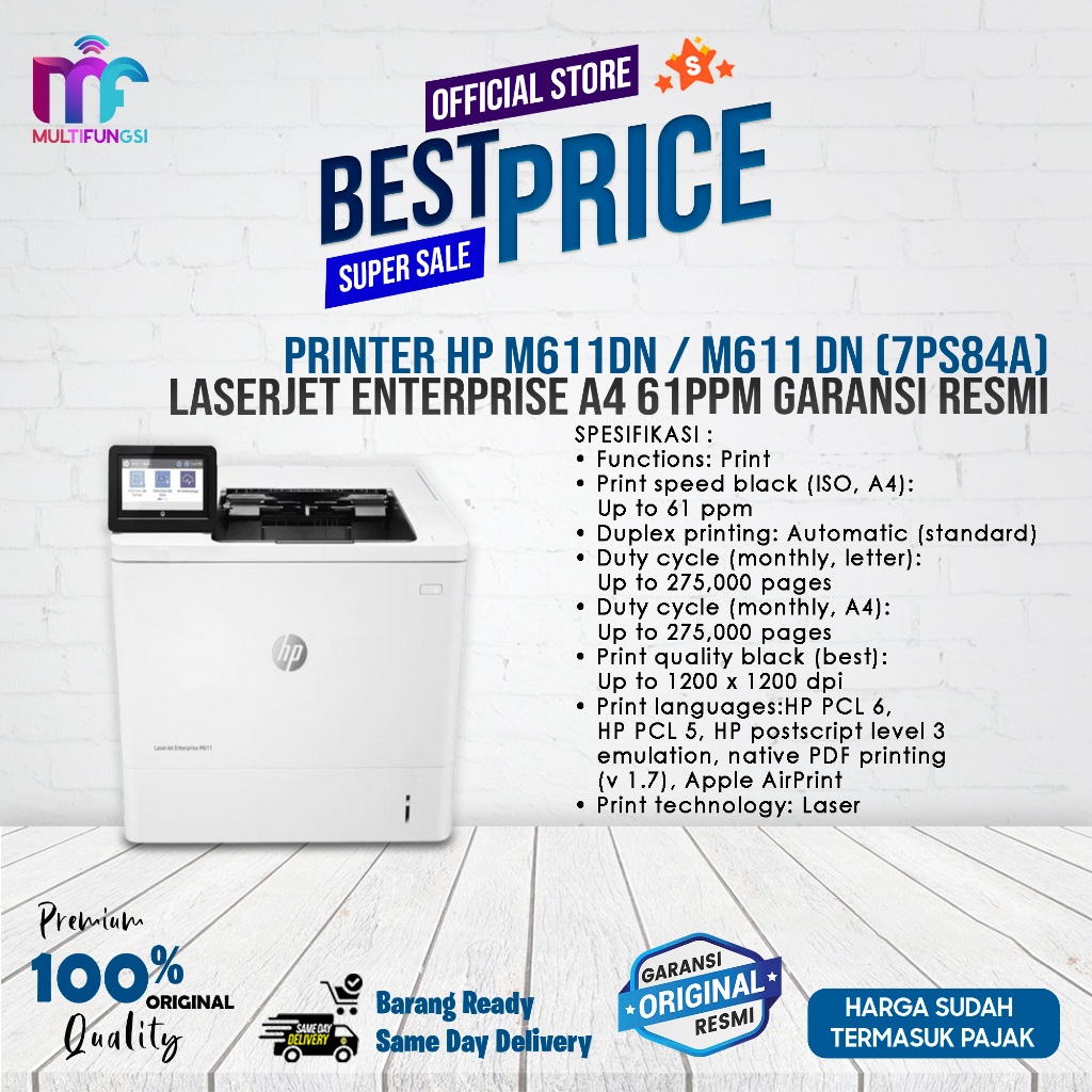 Printer HP M611dn / M611 dn (7PS84A) LaserJet Enterprise A4 61ppm Garansi Resmi