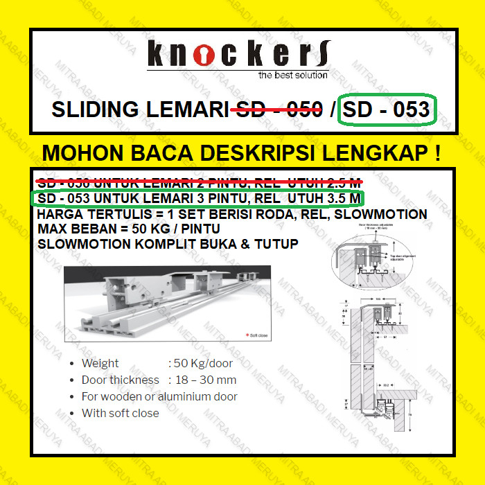 Roda dan Rel Sliding SD 053 KNOCKERS Sliding Lemari Wardrobe