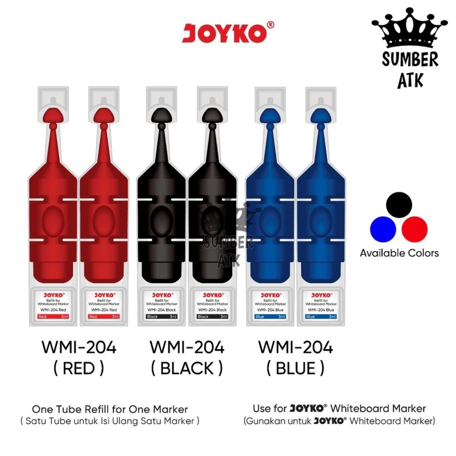 

1 Pcs) Tinta Refill Spidol Papan Tulis & Kaca Bisa Dihapus JOYKO WMI-204 Hitam Black | Biru Blue | Merah Red White Glass Board Marker