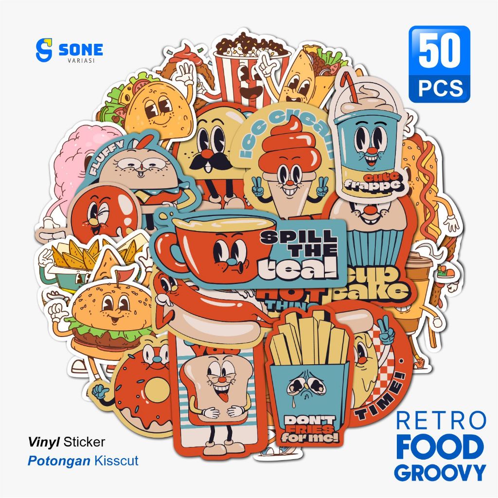 

Sticker Pack RETRO FOOD GROOVY / Stiker Kartun Animasi Paper Vinyl Deco Buku Jurnal Tumbler Laptop Aesthetic