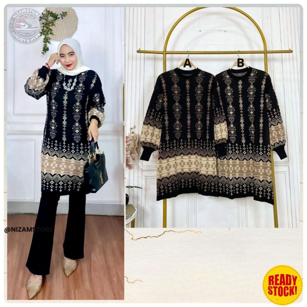 Nizamstore Tunik Rajut Wanita – Desain Tribal Elegan, Ukuran LD 110-120 cm, Panjang 90 cm