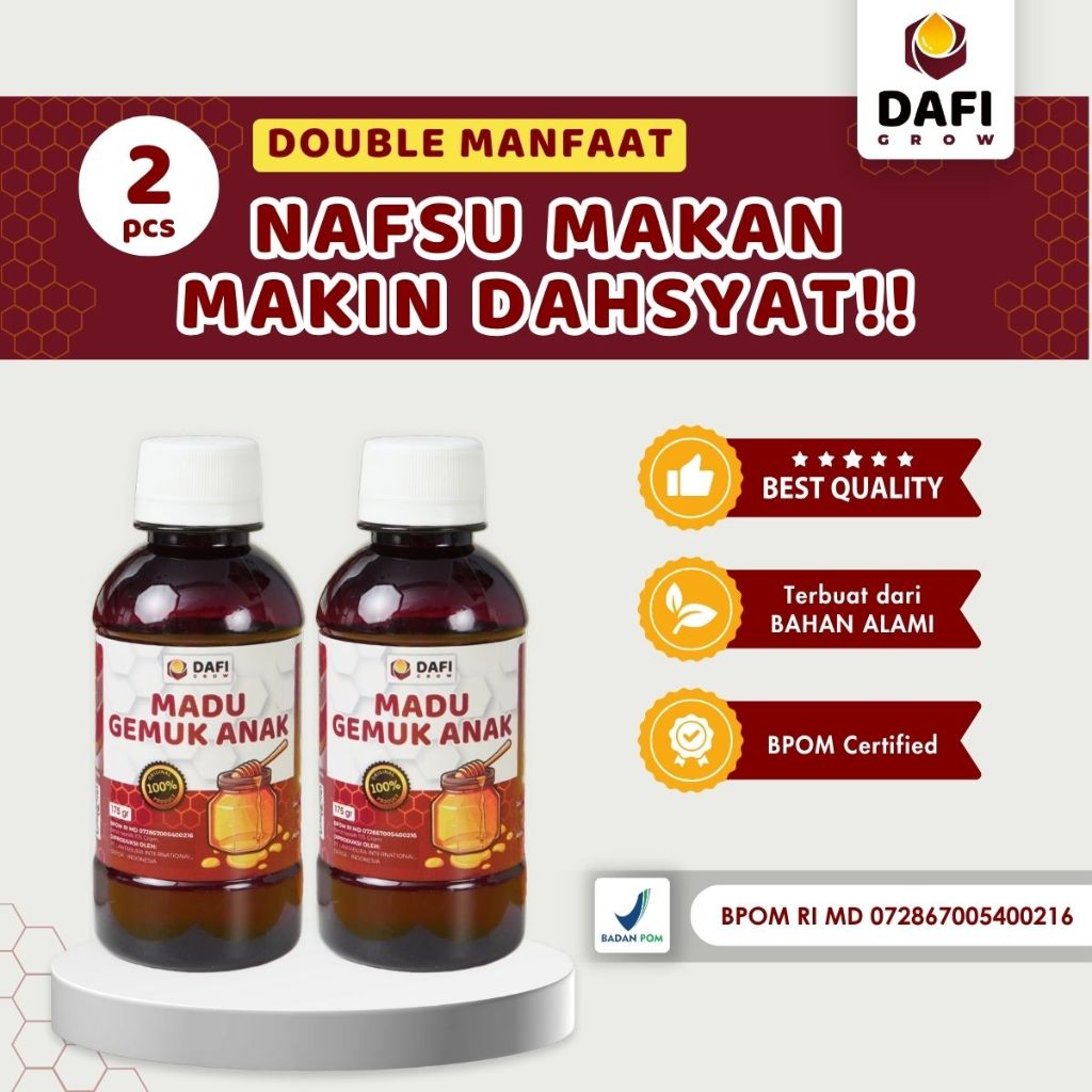 

DAFI GROW - Madu Gemuk Anak Rasa Madu Alami Penambah Nafsu Makan, Ideal untuk Anak Susah Makan, Isi 175 gr, Bisa COD