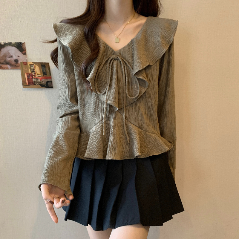 yikoo-Blouse korea lengan panjang blus wanita atasan pendek