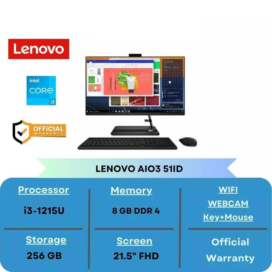 Lenovo AIO 3 51ID - PC AIO Core I3 Gen 12 [Core I3-1215U | Intel UHD Graphics | 8GB | 256GB | 21.5" 