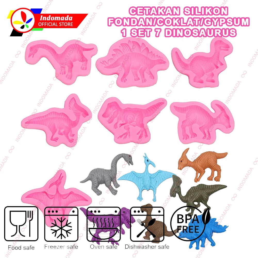 Indomada Cetakan Silikon Fondant Set isi 7 Dinosaurus 3D Raksasa Coklat Puding Resin Dino Dinosaurs 