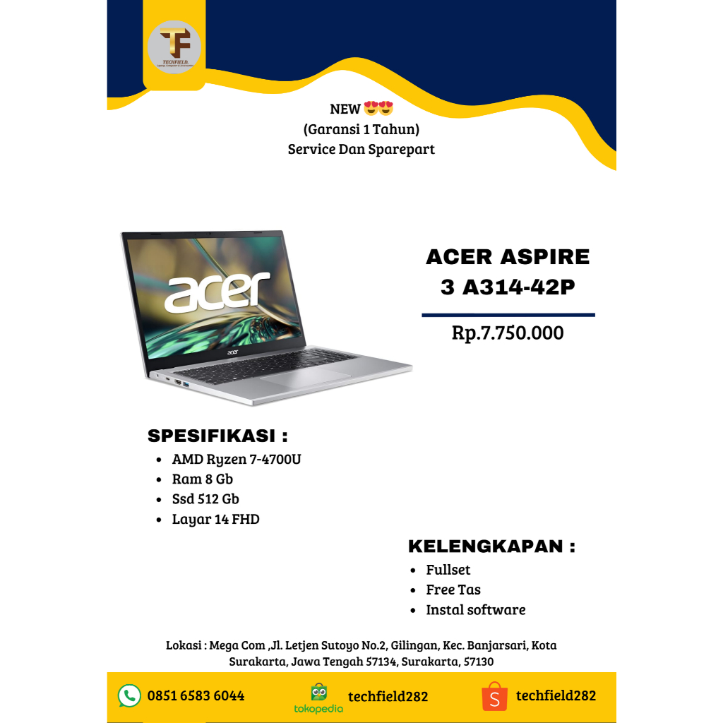 NEW-TEMAN SEKOLAH DAN KERJA KALIAN-ACER ASPIRE 3 A314-42P-RYZEN 7-4700U-8/512