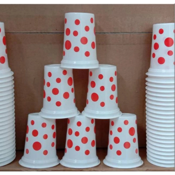 50pcs | Gelas Plastik Putih Polkadot Merah | Gelas Plastik Bola Merah
