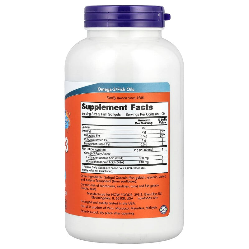 NOW Omega-3 1000mg Fish Oil 180mg EPA 120mg DHA GOED Tested Omega3 Non GMO Kosher Halal USA