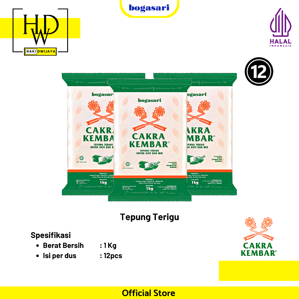 

Bogasari Cakra Kembar Tepung Terigu 1kg x 12 pcs