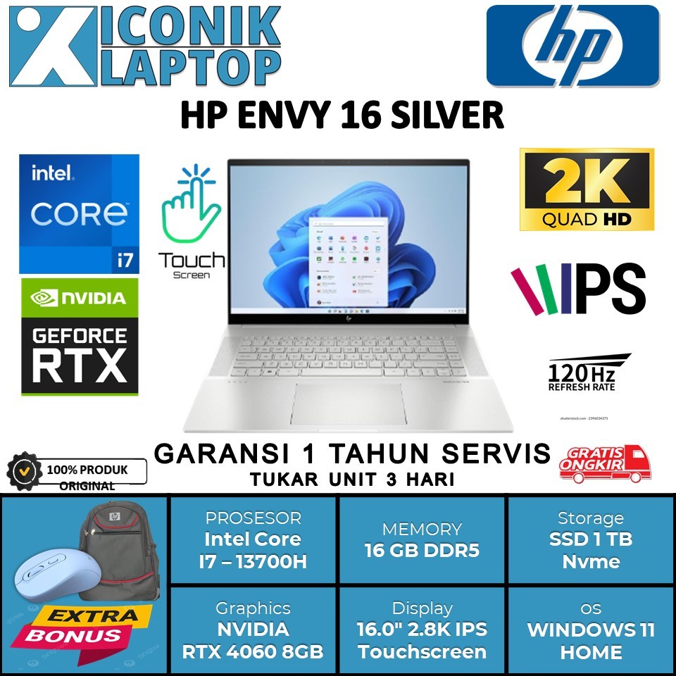 HP ENVY 16 INTEL I7 13700H 16GB DDR5 1TB SSD NVIDIA RTX 4060 8GB 16.0 2K IPS 120HZ TOUCH SILVER