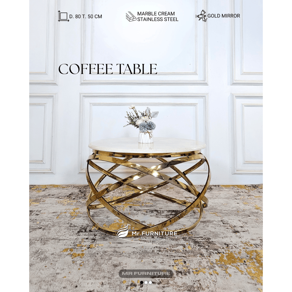meja tamu bulat galaxy stainless gold top marmer krem d 80 cm