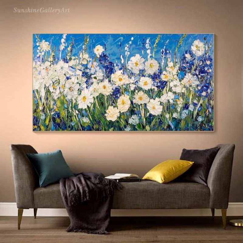 lukisan bunga white background biru langit, tekstur timbul, minimalis modern, pajangan dinding.