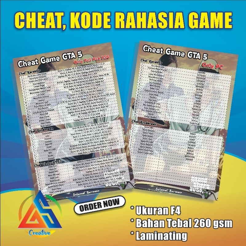 Cetak Cheat Game PS3, PS4, PS5, Bahan Karton Tebal ukuran f4, Kode Rahasia Game PS, Custom