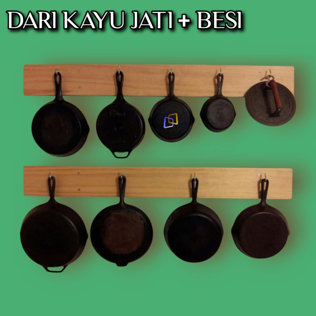 Rak Kayu Jati Gantung Dapur Untuk Panci, Wajan Teflon, Handuk – Tempel Dinding Minimalis