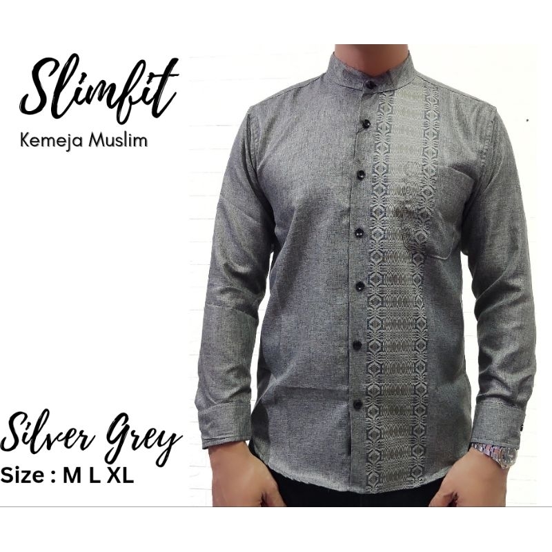 kemeja koko pria lengan panjang premium baju koko silver