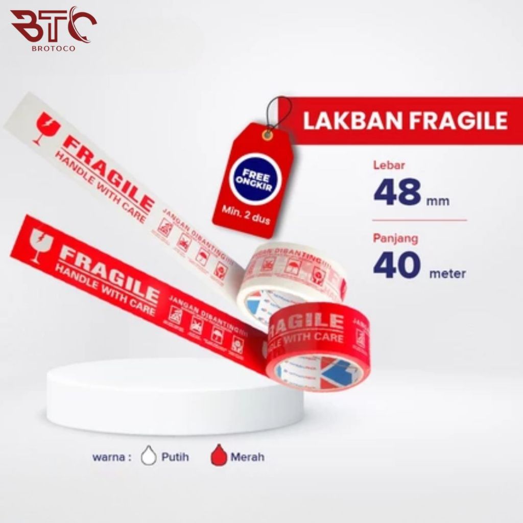 

[BROTOCO] Lakban printing "FRAGILE" MERAH 48mm x 40 meter ekonomis