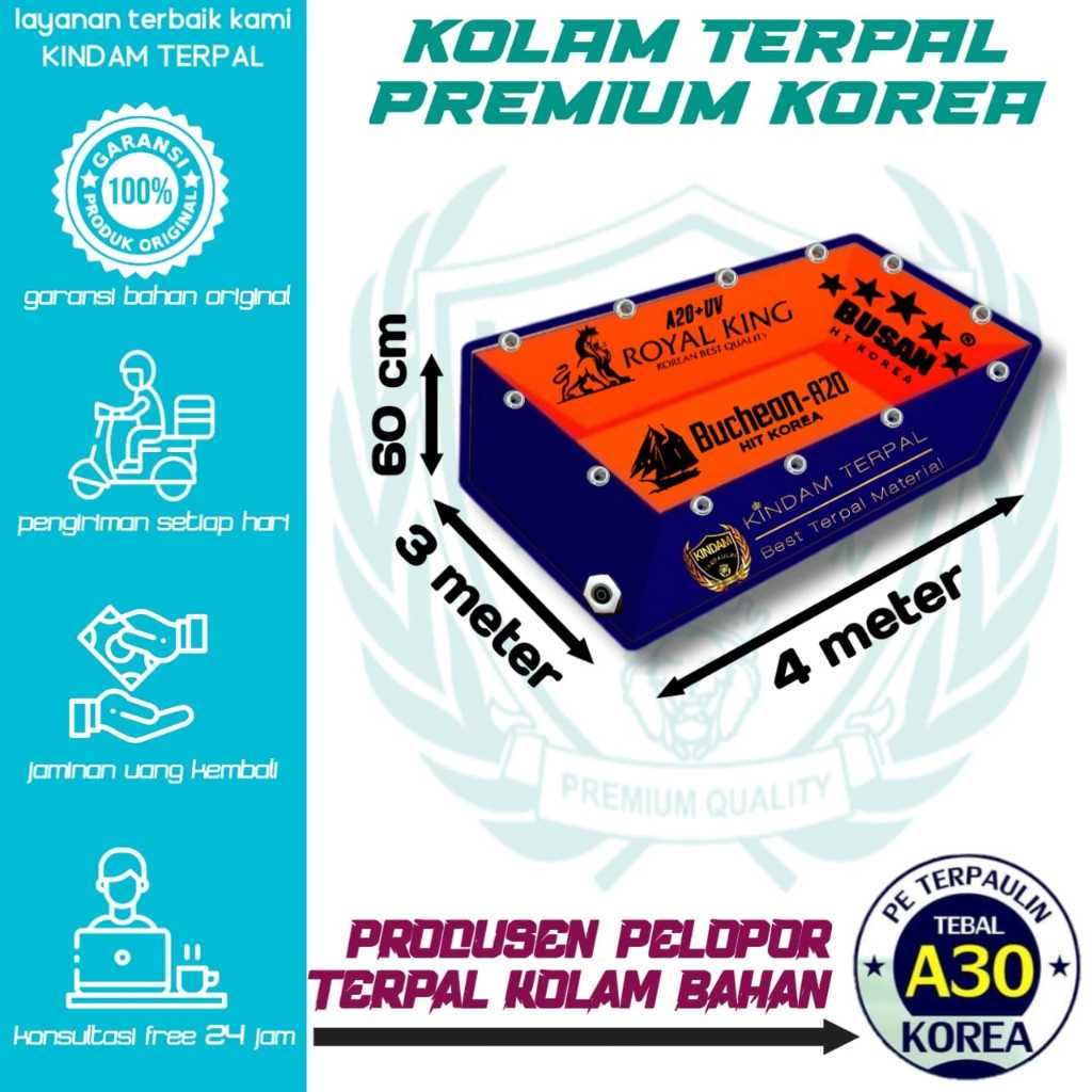 TERPAL KOLAM KOREA 4x3x60 BAHAN ORIGINAL TERPAL IKAN LELE,NILA,GURAME,KOI GARANSI BOCOR