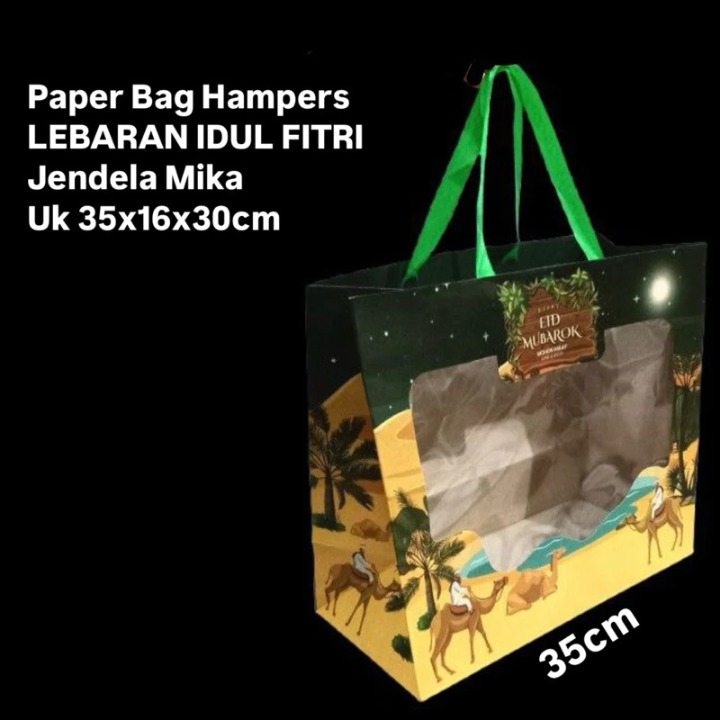 

Paperbag Motif Kuning Unta Edisi Lebaran idul Fitri Tas Parcel Model Jendela Mika 35x16x30cm