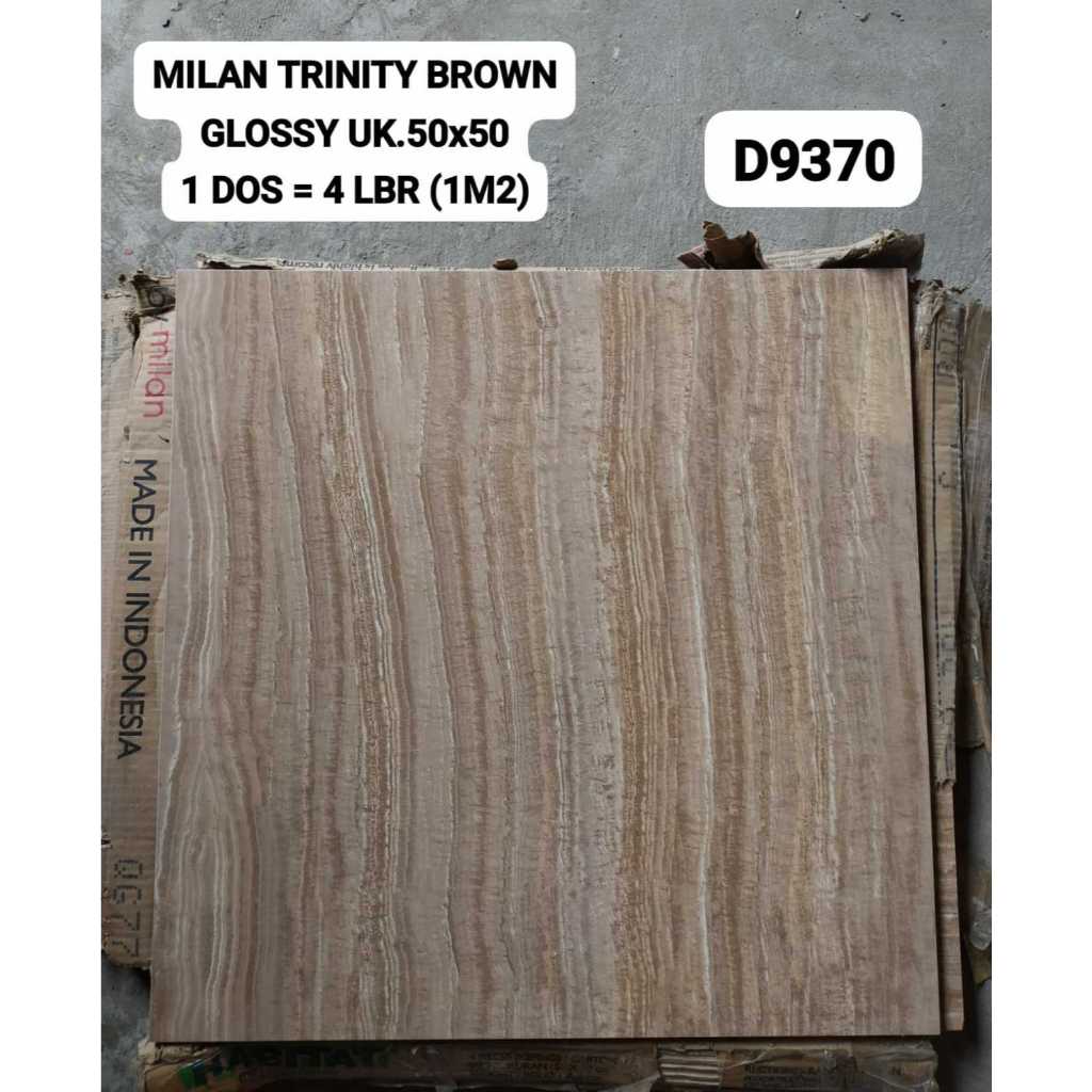 TRINITY BROWN GLOSSY UK.50X50 MOTIF GARIS SALUR URAT KAYU MILAN HABITAT LANTAI KERAMIK DINDING