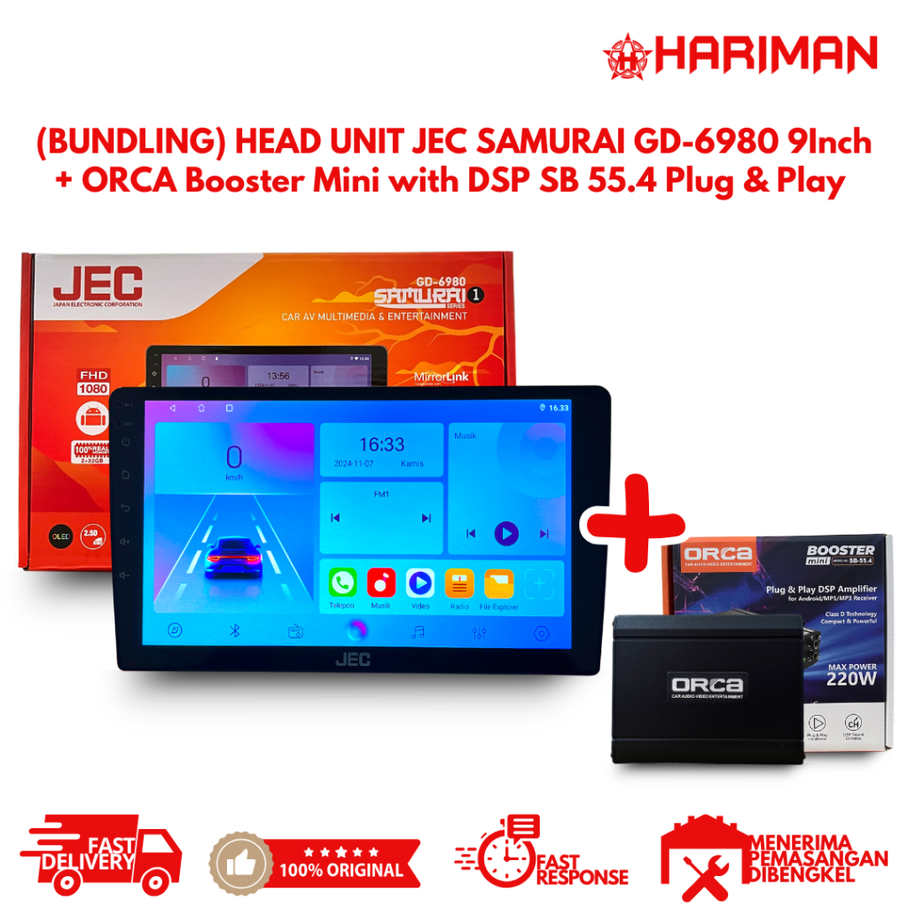 (BUNDLING) HEAD UNIT JEC SAMURAI GD-6980 9Inch + ORCA Booster Mini with DSP SB 55.4 Plug & Play
