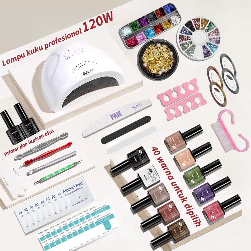 Alat Nail Art Lengkap 1 Set Paket kutek Gel Nail Art Profesional Gel kuku 120W UV/LED Lampu eksklusi