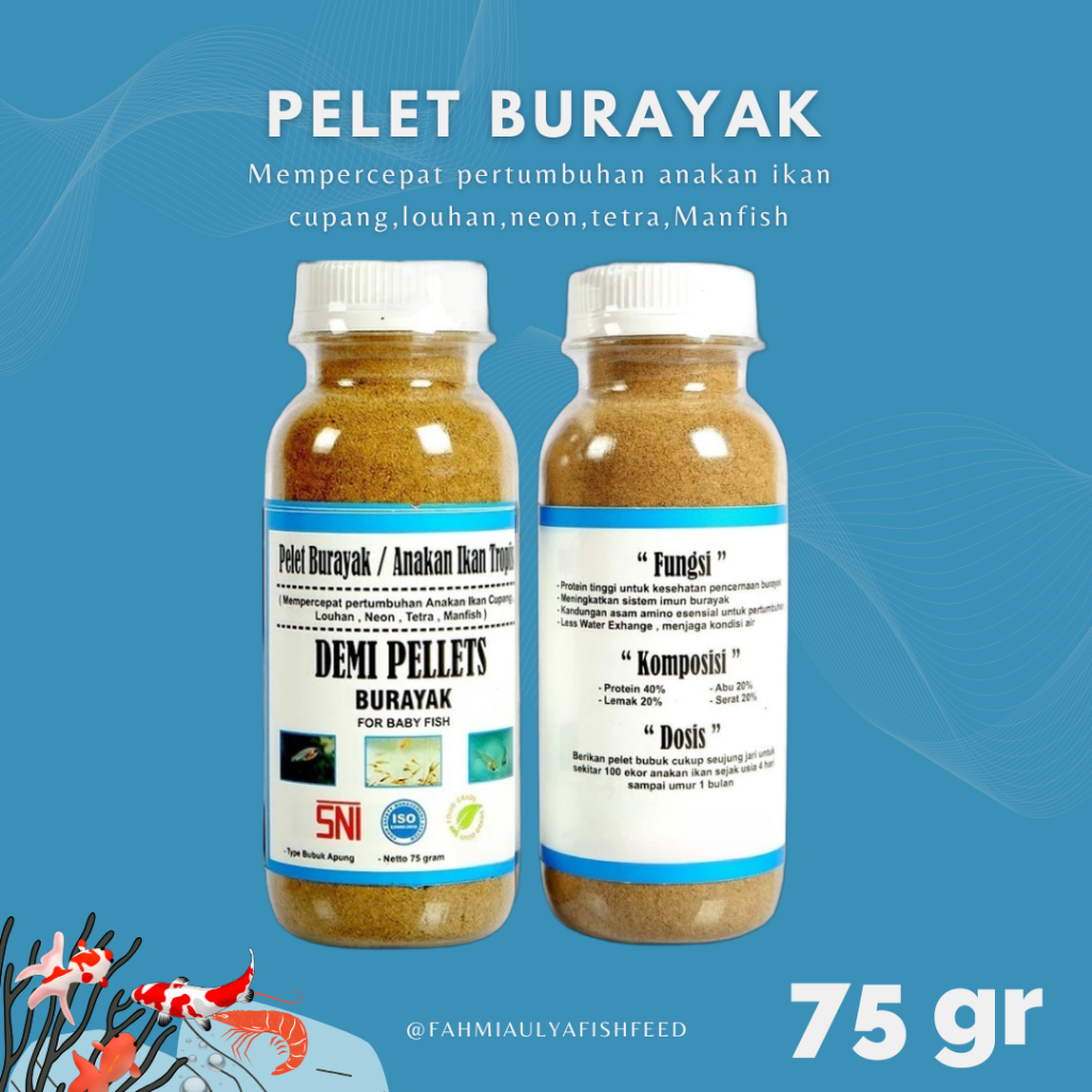 PELET BURAYAK 75 Gram. Pakan anakan ikan cupang channa guppy louhan koi