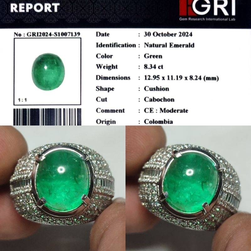 HOT ITEM Natural Emerald Colombia 8.3ct GRI Top Crystall Ijo Botol Full Luster Gemericik Ring Perak 