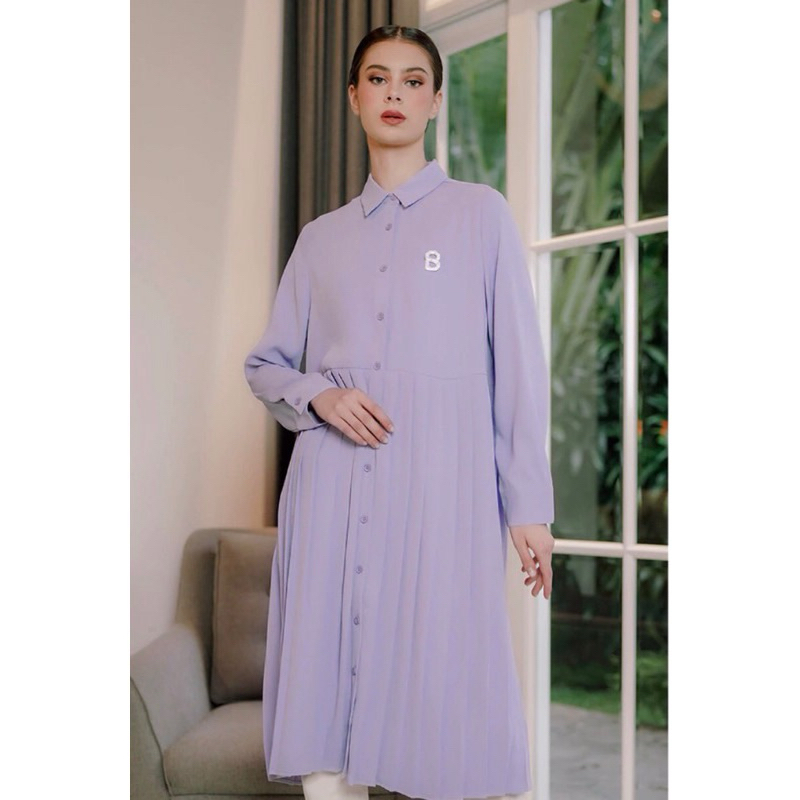 Set Purple Kemeja Tunik Benang Jarum Lavender Hijab pleated Buttonscarves Lebaran