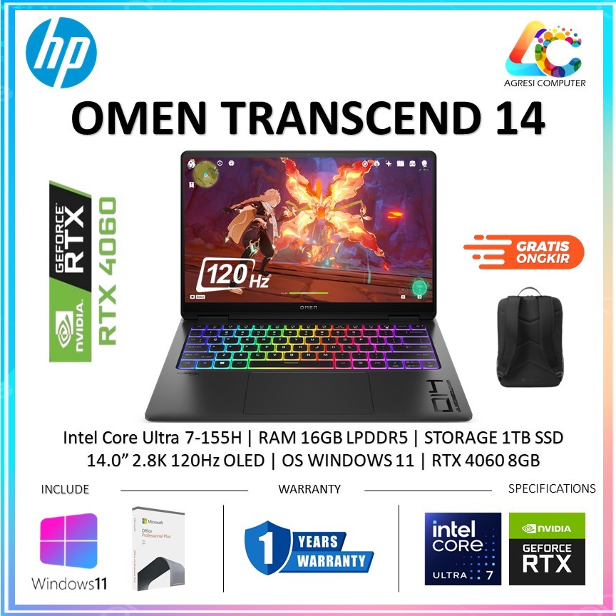 Hp Omen Transcend 14 Oled Ultra 7 155H RTX 4060 16GB 1TB SSD 14.0" 2.8K 120Hz OLED Win 11