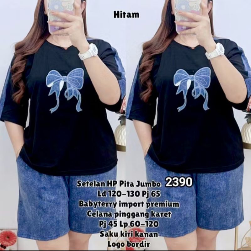 Set Wanita Jumbo Ld120-130 Pita Bordir Babyterry PREMIUM Hitam - 2390