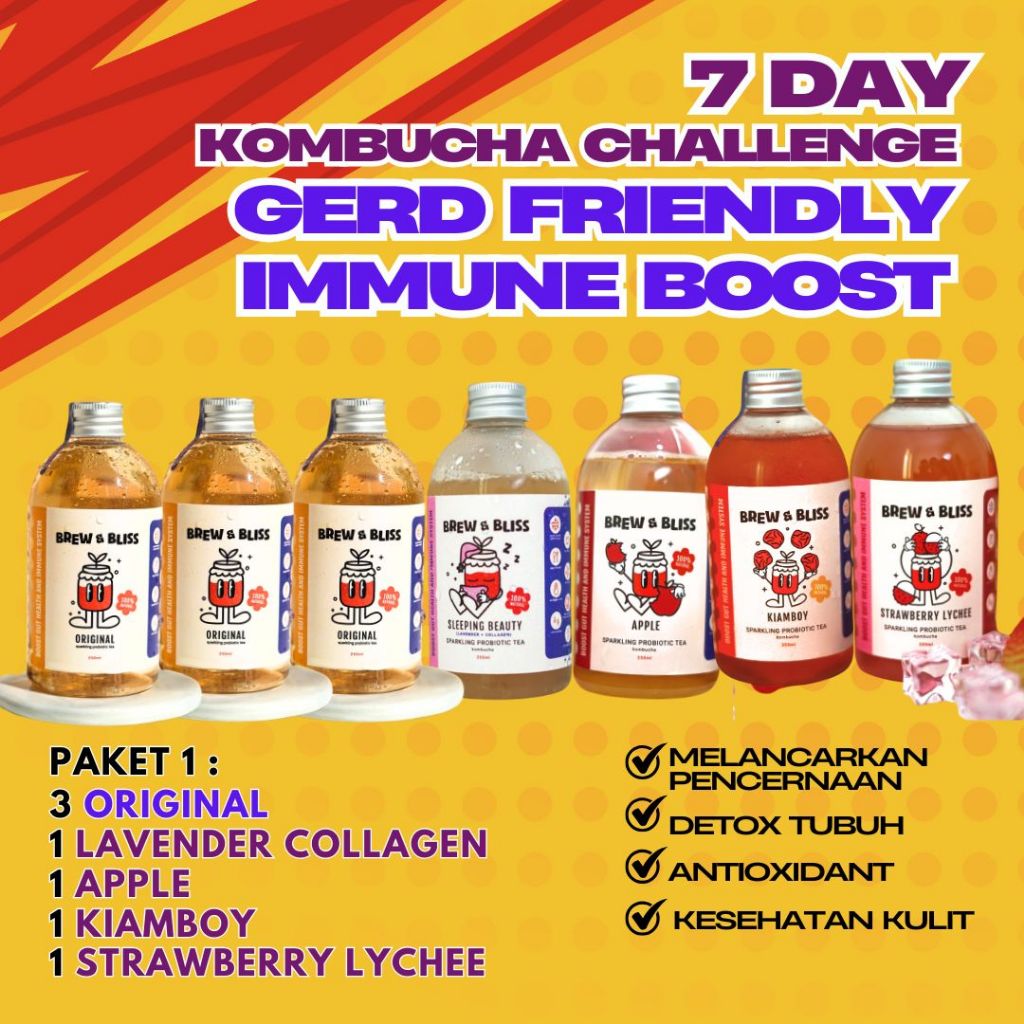 

Kombucha - 7 Hari Challenge 7 Botol 250 ml - Paket Minuman Gerd Friendly Asam Lambung Detox Pencernaan Imun Tubuh Sehat