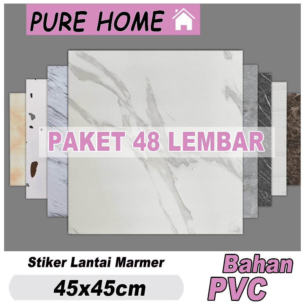 Pure Home - PAKET 48 LEMBAR Vinyl Lantai Marbel Ukuran 45x45cm / Vinil Sticker Lantai Marbel Granit 