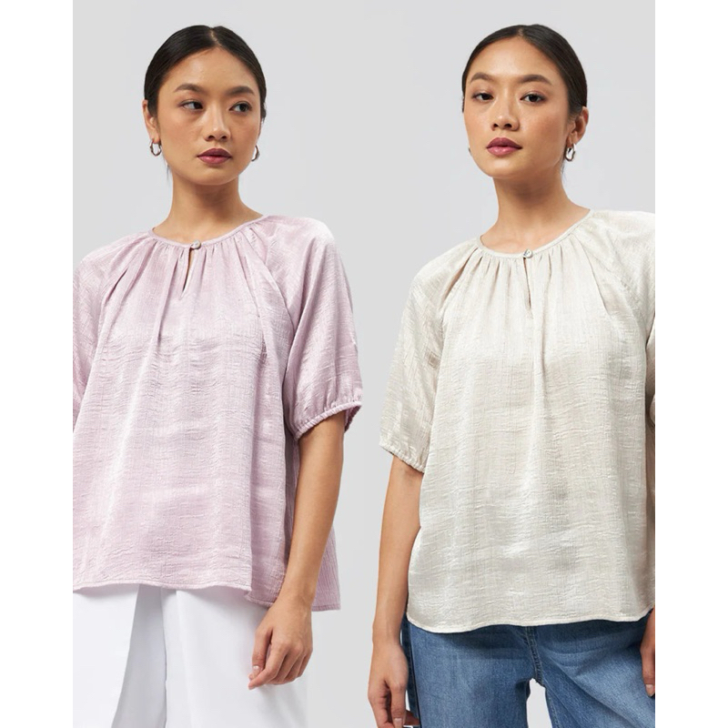 Executive Keyhole Neckline Short Sleeve Top Blouse Crinkle Lengan Pendek Blouse Wanita Blouse Pendek