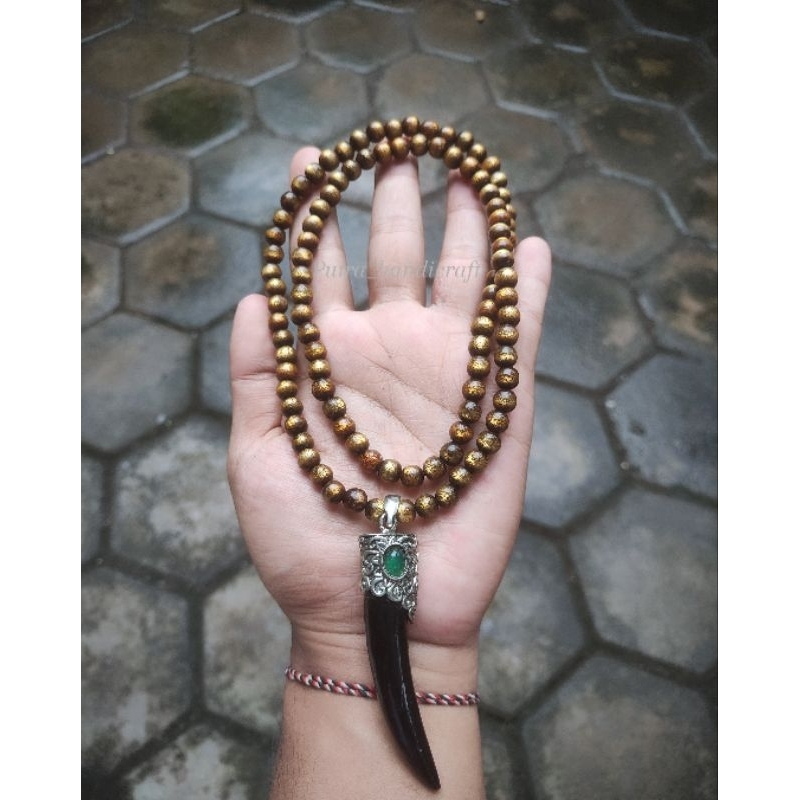 TASBIH KALUNG TALI ARUS GOLD/KALUNG PRIA AKAR BAHAR LIONTIN BANDUL KAYU KELOR HITAM/KALUNG AKAR BAHA