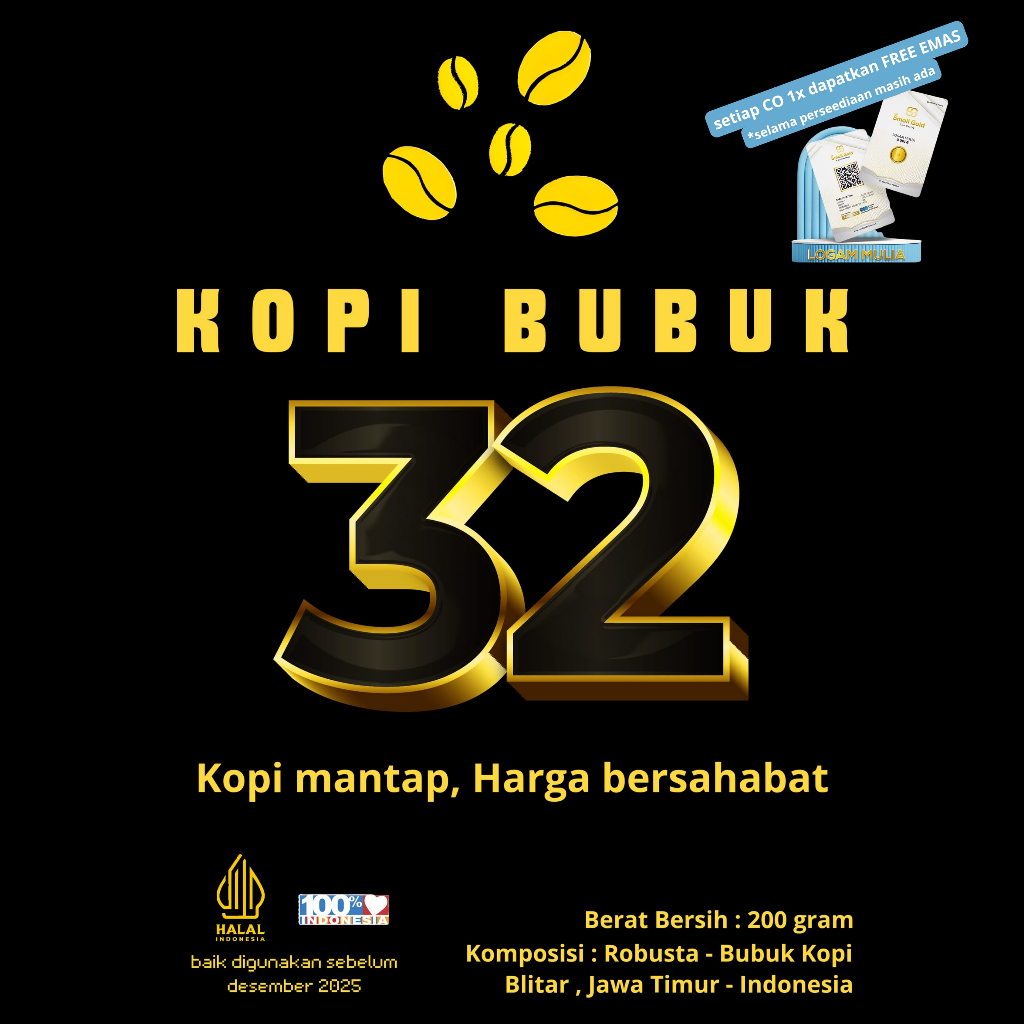 

(10 KG = 50 PACK) KOPI 32 @200 gram - Robusta Campuran coffee hitam giras (GROSIR) mantap