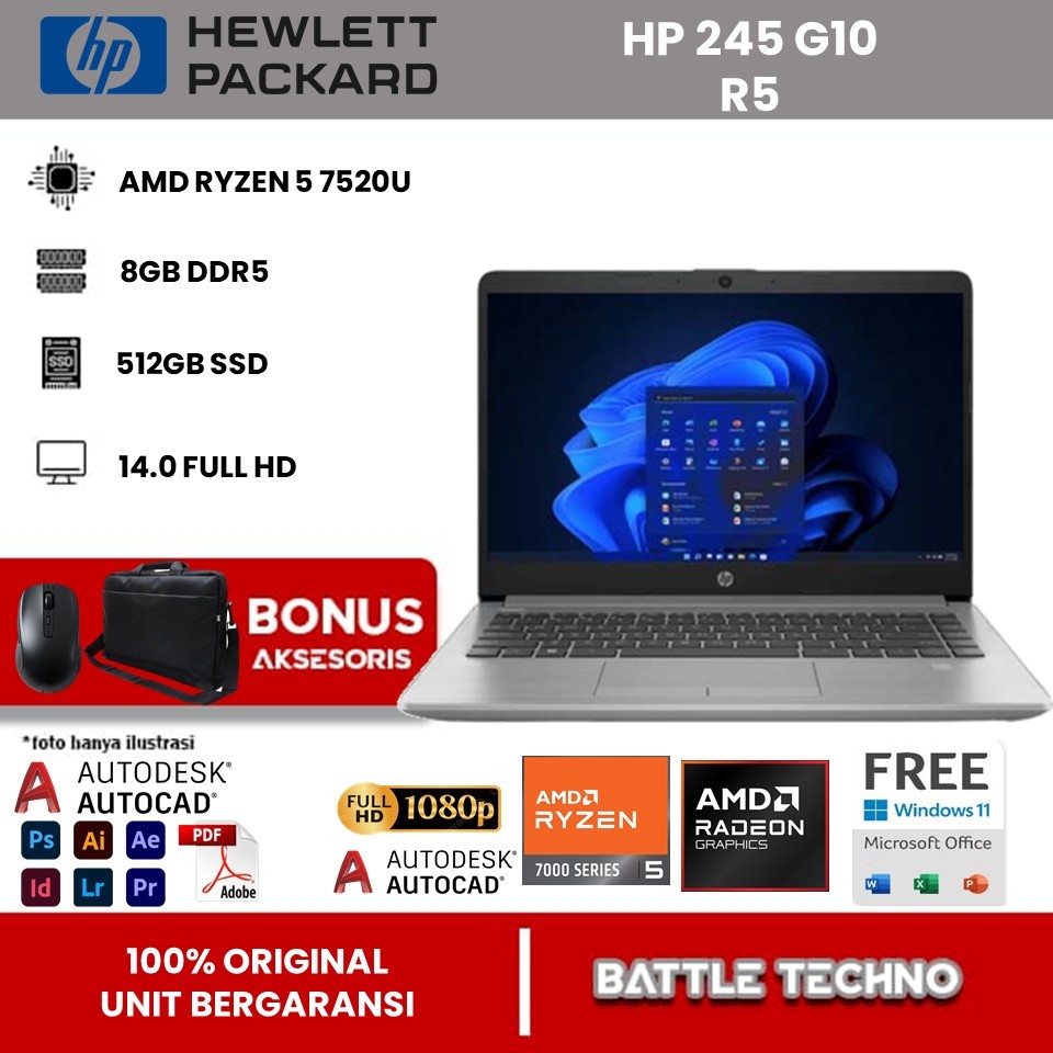 Laptop Gaming Murah HP 245 G10 AMD Ryzen 5 7530U 8GB 512GB Ssd Windows 11 Original