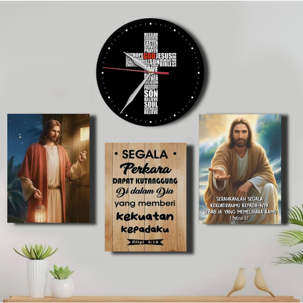Jam Dinding Salib 1 SET Hiasan Dinding Kristen Gambar Yesus/ Poster Kayu Rohani Ayat Alkitab Kado