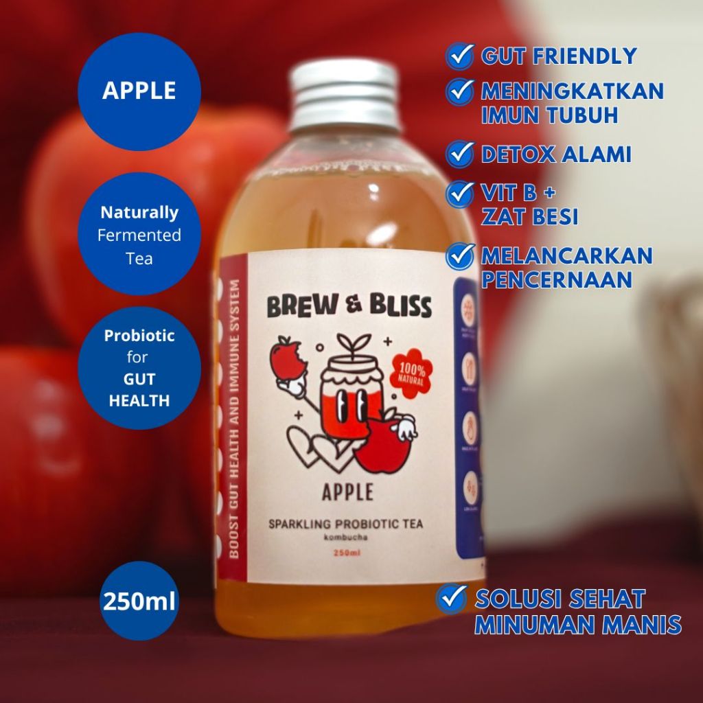 

Kombucha Apple 250 ml - Teh Fermentasi Rasa Apel Pencernaan Minuman Sehat Probiotik Detox Asam Manis Segar Asem