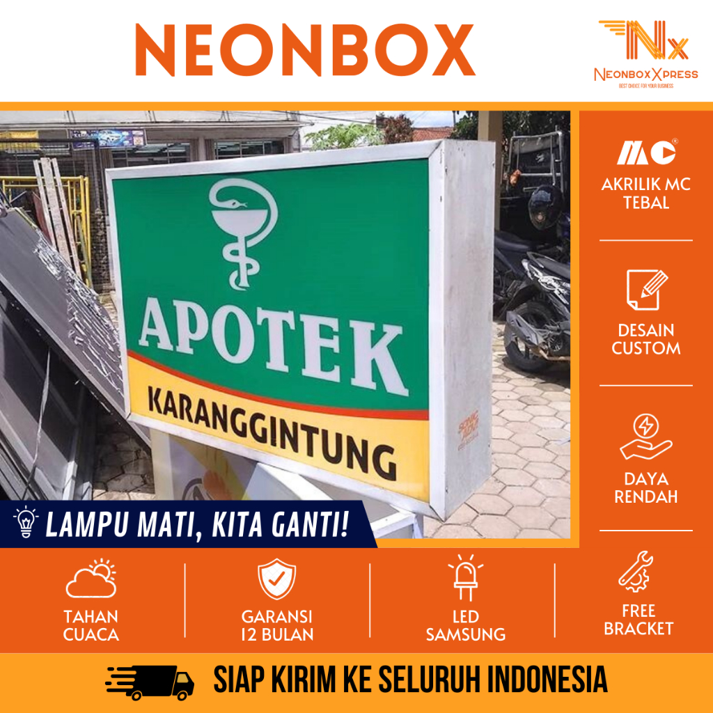 Neonbox Apotek Bebas Desain Bahan Akrilik Tebal Marga Cipta 1/2 Sisi Reklame Lampu Neon Box Pinggir 