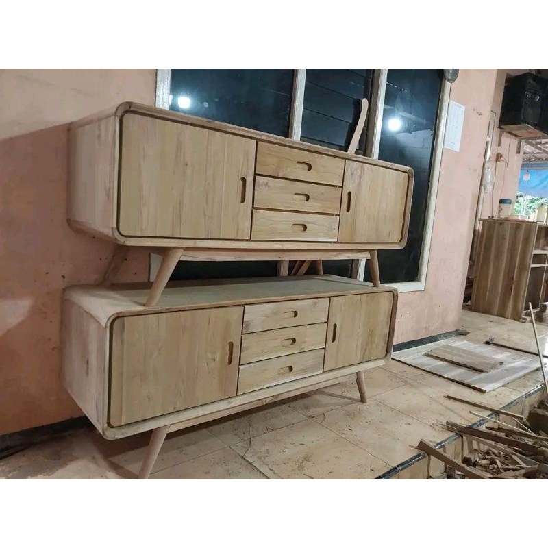bufet tv retro kayu jati, meja tv minimalis retro kayu jati