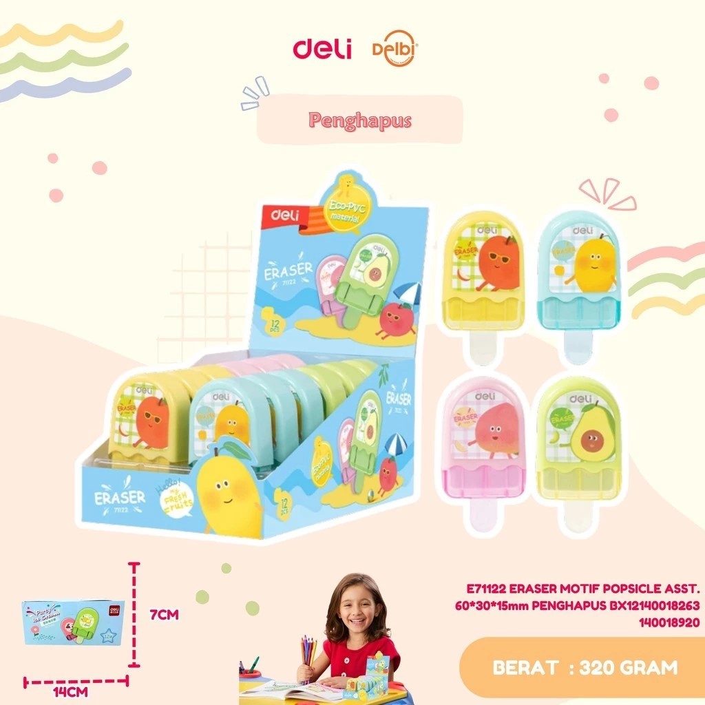 

Deli penghapus 4 warna 71122 DELI E71122 ERASER MOTIF POPSICLE ASST. 60*30*15mm PENGHAPUS