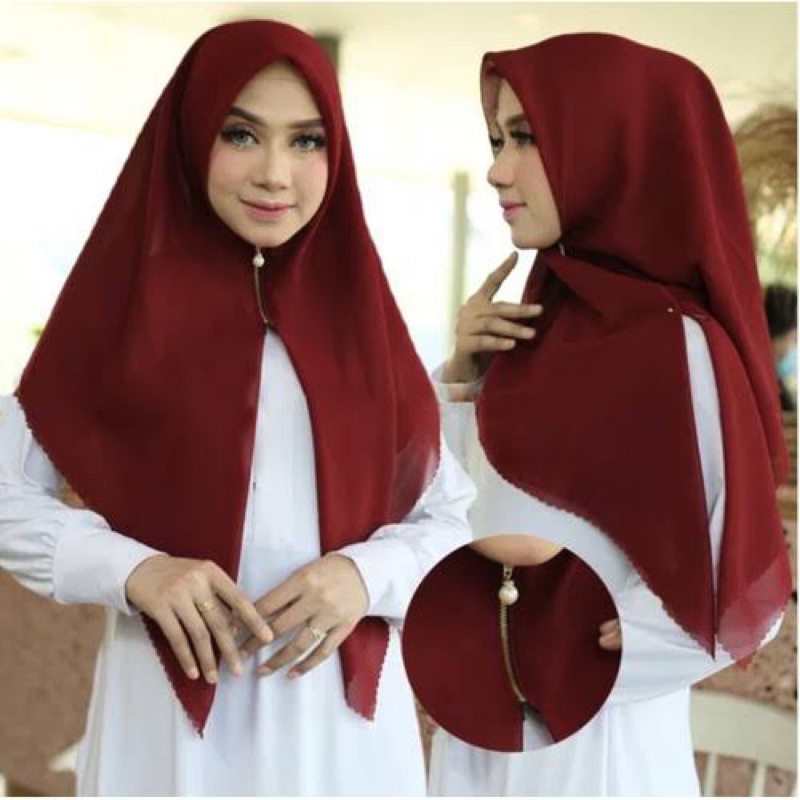 Nadhirashop- Hijab segiempat instan resleting zipper bahan plainsquare kerudung segitiga instan