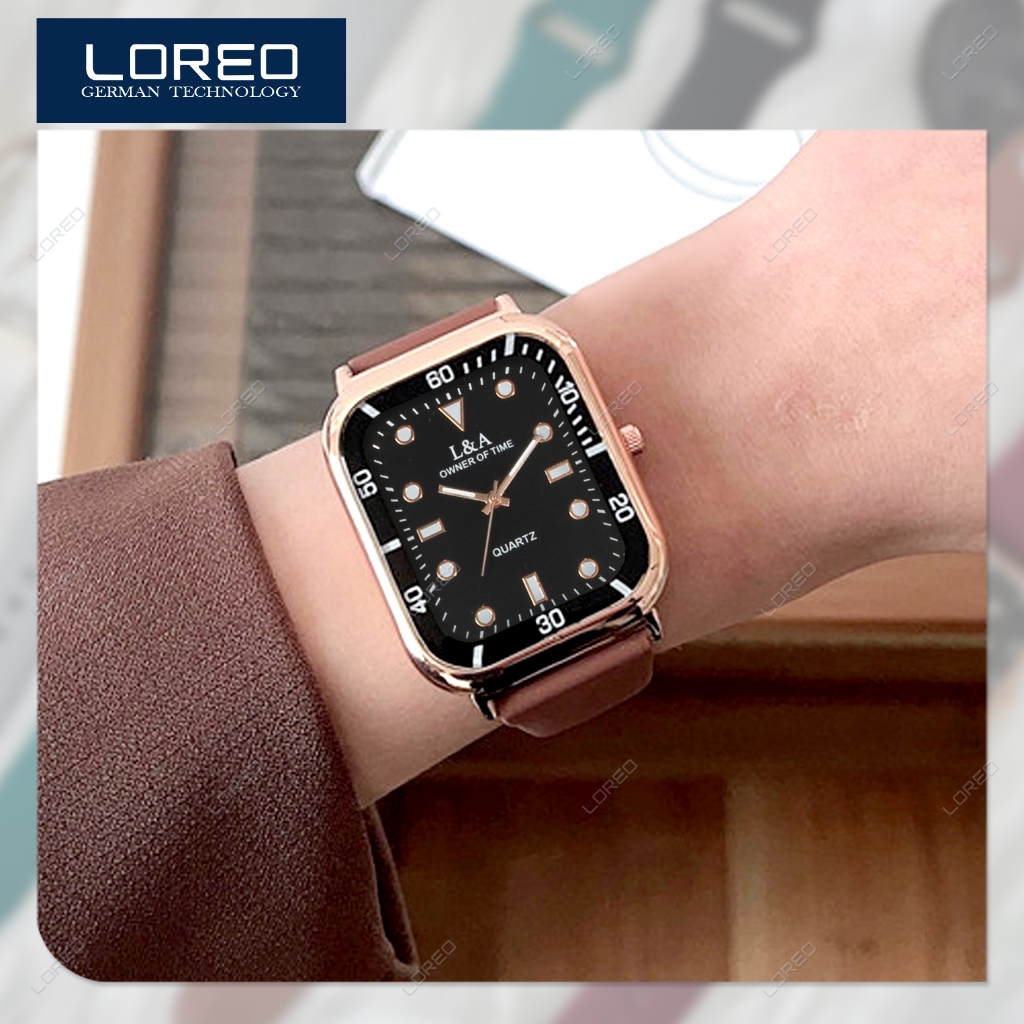 Loreo - Jam Tangan Wanita Analog Strap Rubber / Jam Kuarsa Dial Kotak