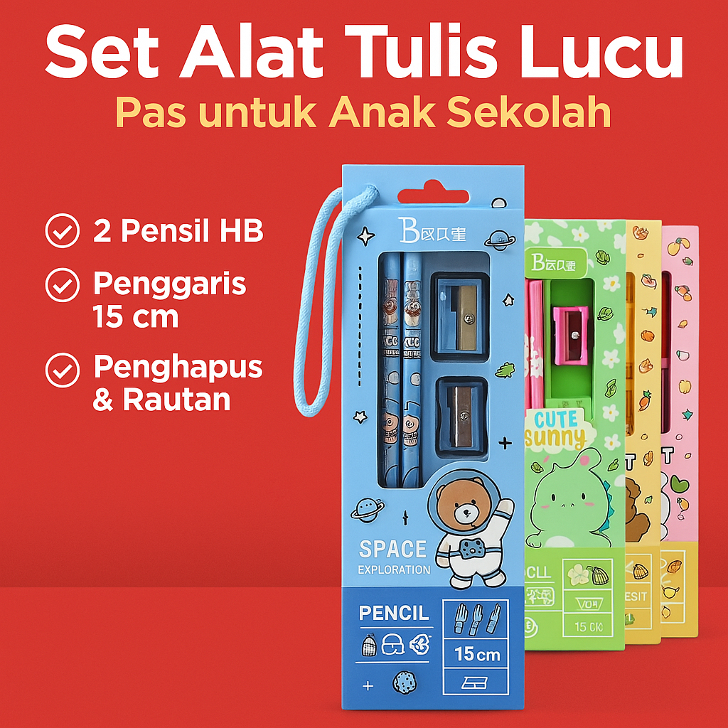 

Alat Tulis Anak 5 in 1 Pensil Rautan Penghapus Penggaris Hadiah Lucu untuk Sekolah